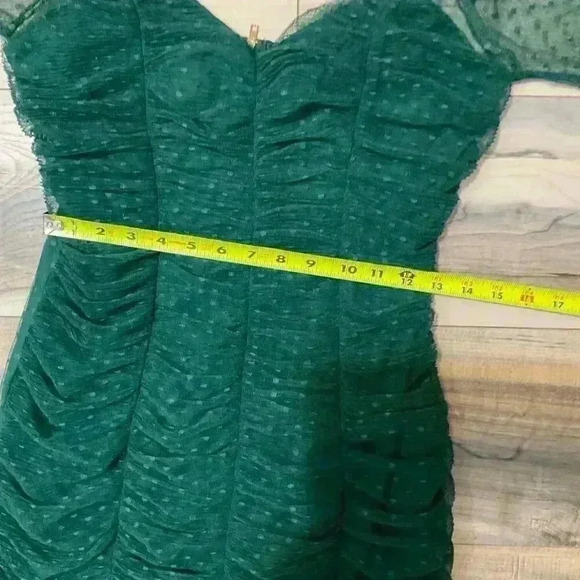 Haute Monde, Mini dress Green, Ruched Mesh Long Sleeve, Size Large - Picture 10 of 11
